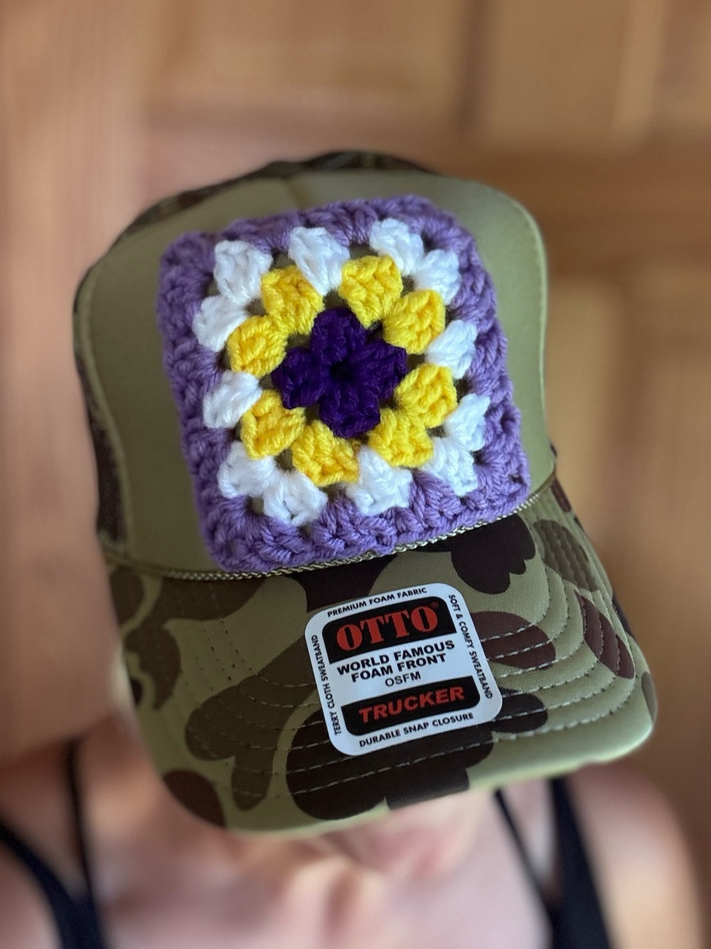 OTTO Trucker Hat with Handmade Crochet Granny Square Patch NWT camouflage!